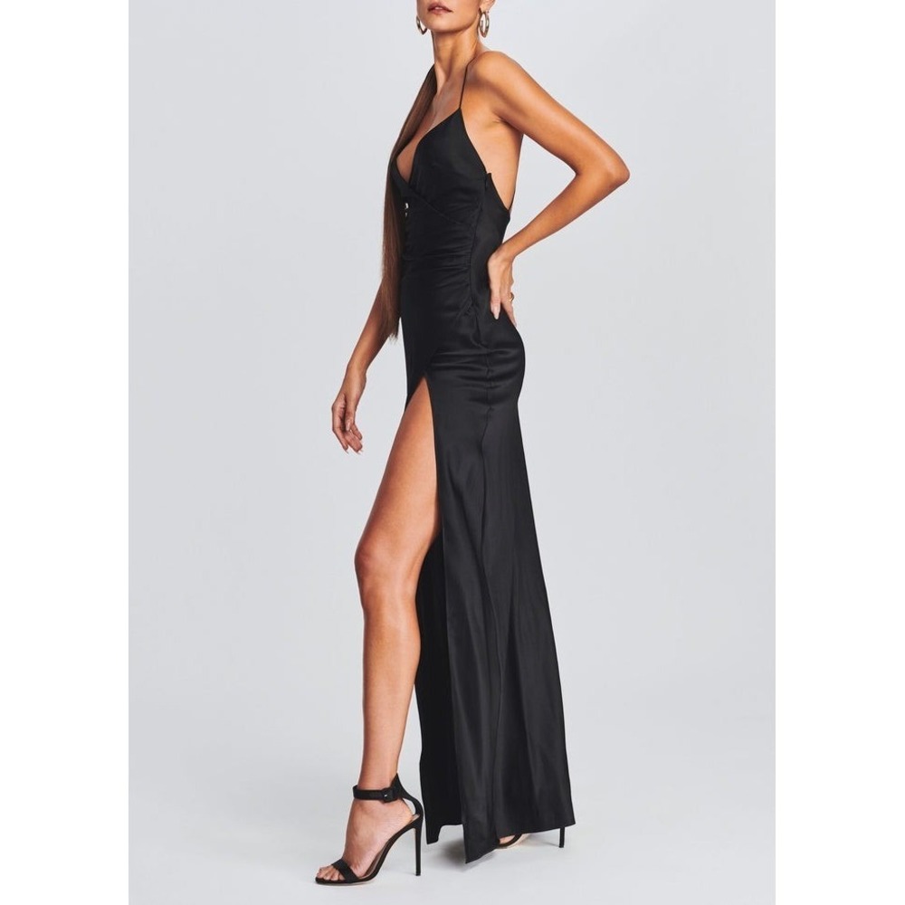 Retrofete Satin Silk Dress Black Maxi with‎ Slit and Side Cutout Size Small